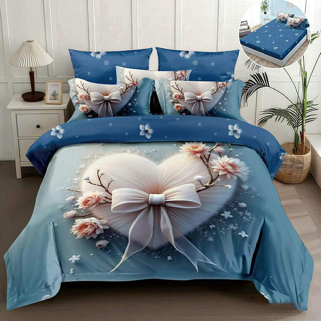 5D спално бельо от 4 части с ластик - синьо със сърце, панделка и цветя
