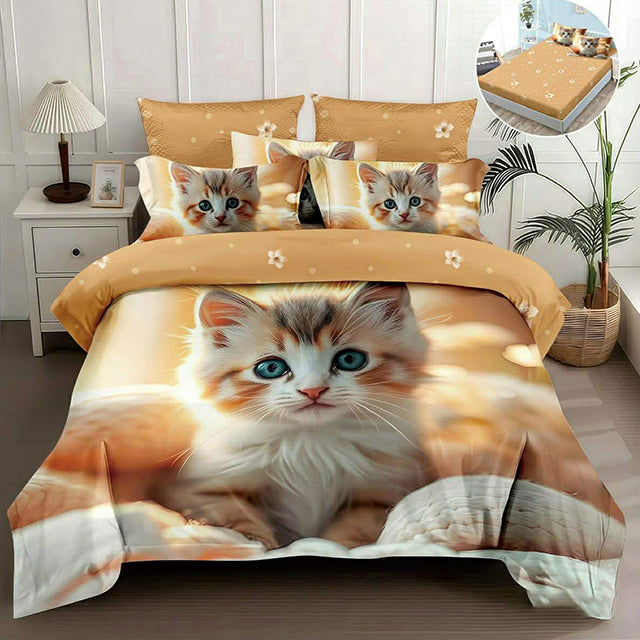 5D спално бельо от 4 части с ластик - бежово със сладко котенце