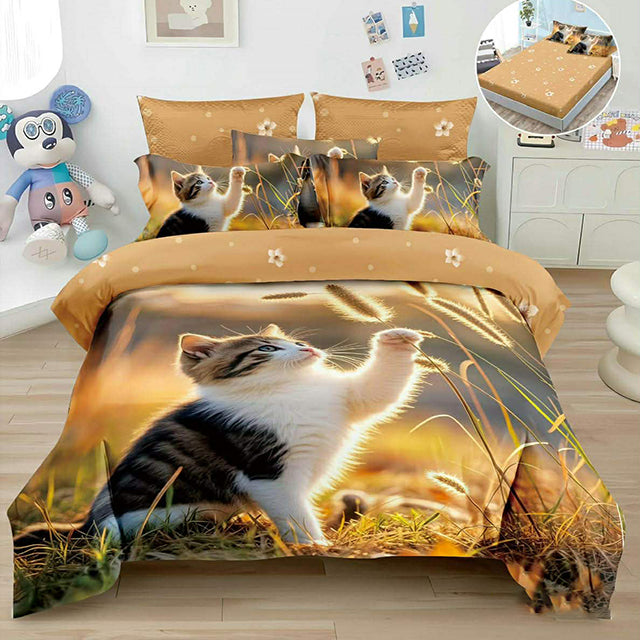 5D спално бельо от 4 части с ластик - бежово с котенце