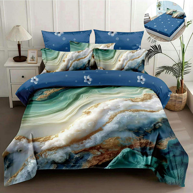5D спално бельо от 4 части с ластик - синьо и златисто с мраморен ефект