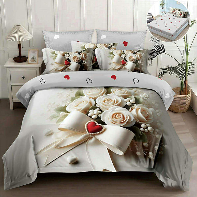 5D спално бельо от 4 части с ластик - бяло с цветя и панделка