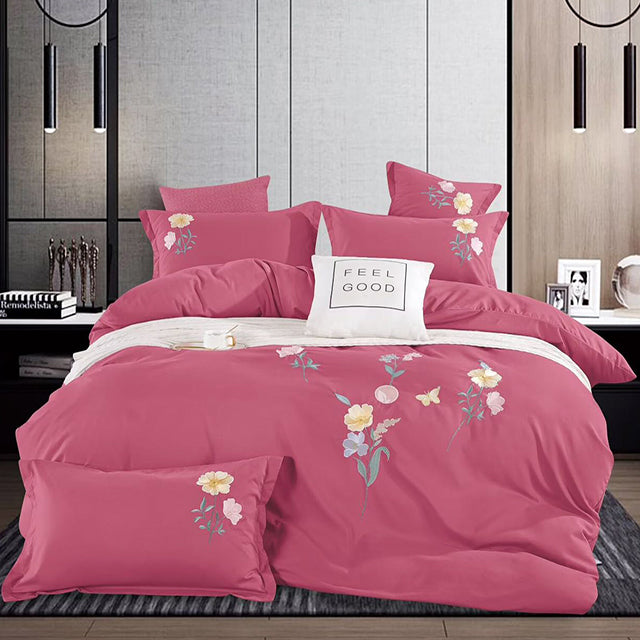 Спално бельо с ластик и бродерия - тъмнорозов цвят