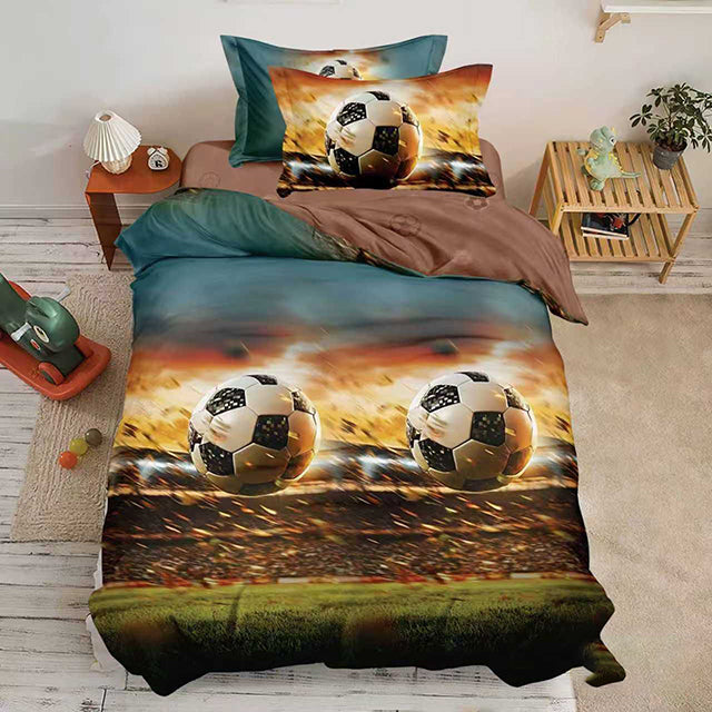 Единично спално бельо – кафяво с футболни топки