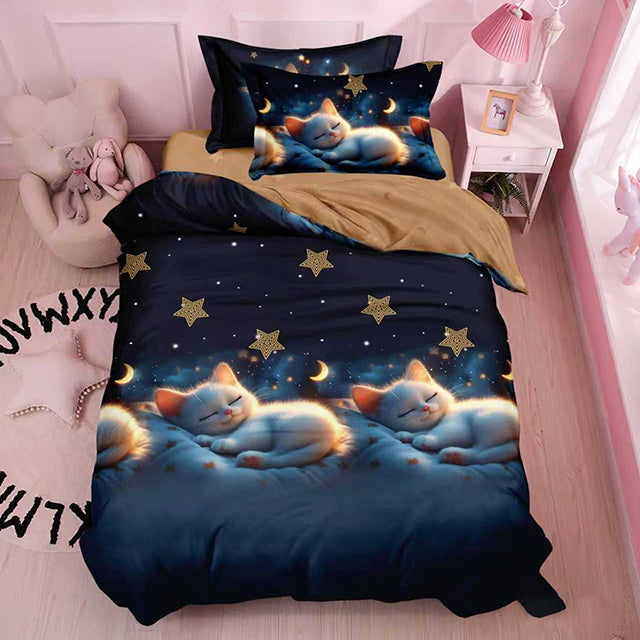 Единично спално бельо – синьо и кафяво с котенца