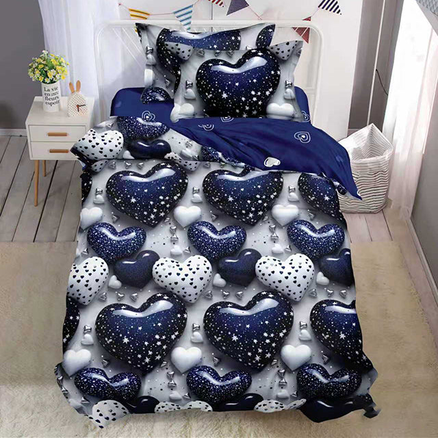 Единично спално бельо – тъмносиньо и бяло със сърца – Y6-151