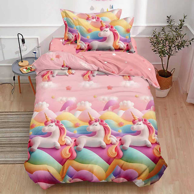 Единично спално бельо – розово със сладки еднорози