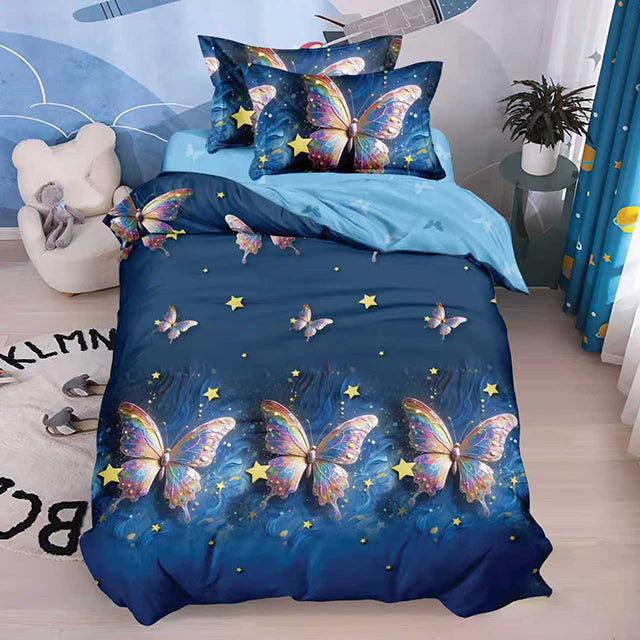 Единично спално бельо – тъмносиньо с пеперуди