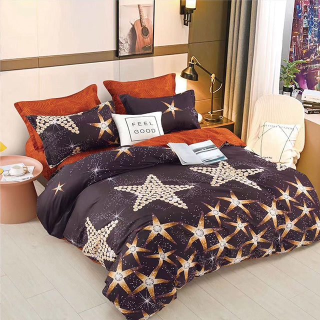 Единично спално бельо с ластик – сиво и кафяво със звезди