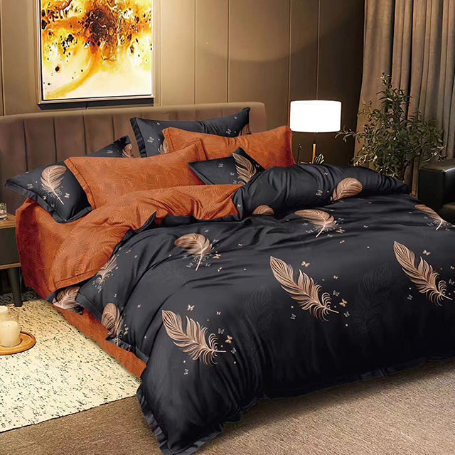 Единично спално бельо с ластик – сиво и кафяво с пера