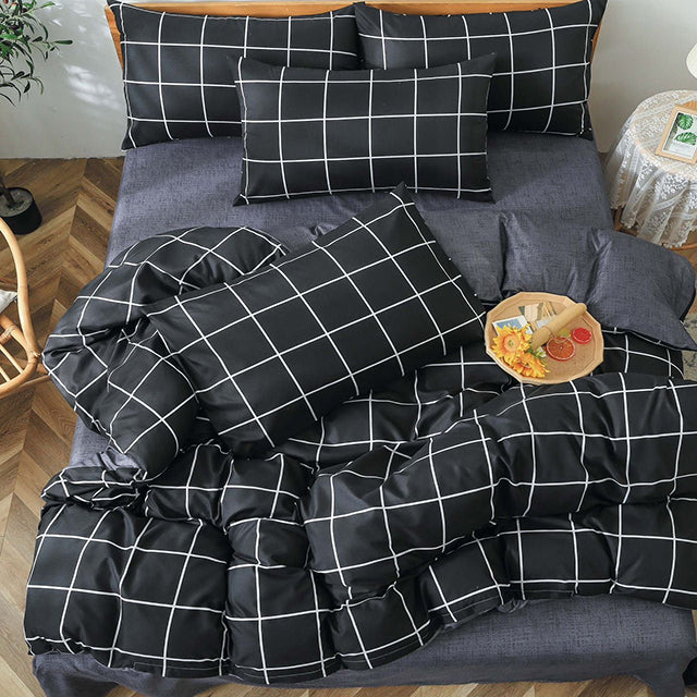 Единично спално бельо с ластик – черно и сиво с квадратчета