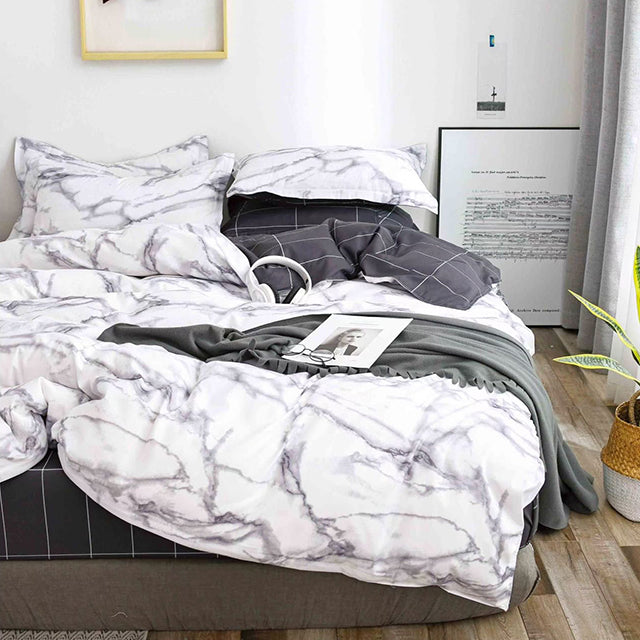Единично спално бельо с ластик – бяло и сиво с мраморен дизайн