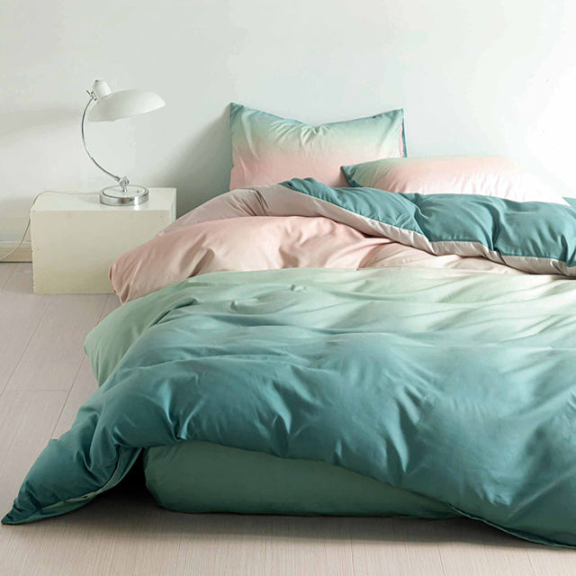 Единично спално бельо с ластик – зелено-синьо с омбре ефект