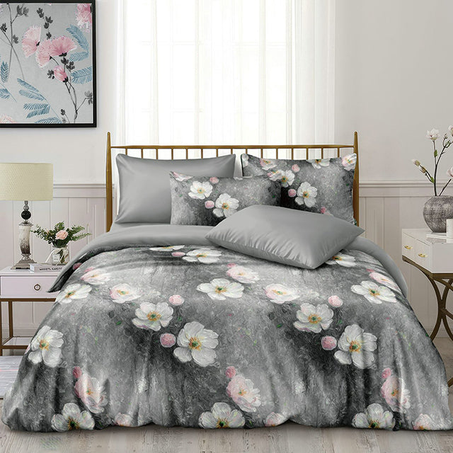 Спално бельо от фин сатен с ластик - сиво с цветчета