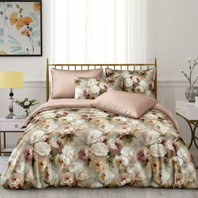 Спално бельо от фин сатен с ластик - цвят пепел от рози с божури