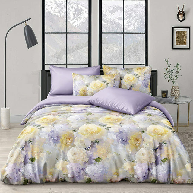 Спално бельо от фин сатен с ластик - лилаво с жълти цветя