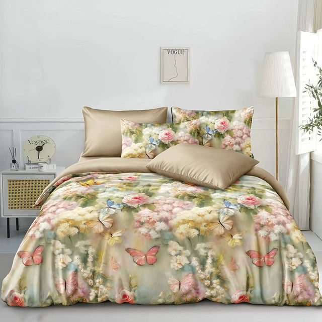 Спално бельо от фин сатен с ластик - бежово с цветя и пеперуди