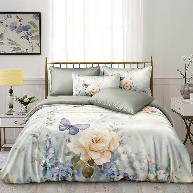 Спално бельо от фин сатен с ластик - сиво с пеперуда и роза