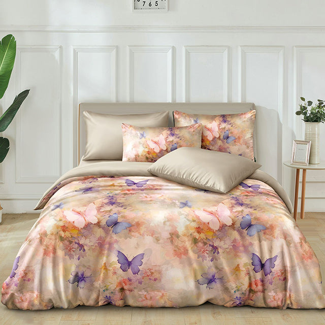 Спално бельо от фин сатен с ластик - цвят пепел от рози с пеперуди