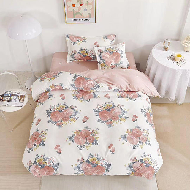 Единично спално бельо с ластик – бяло с букет цветя