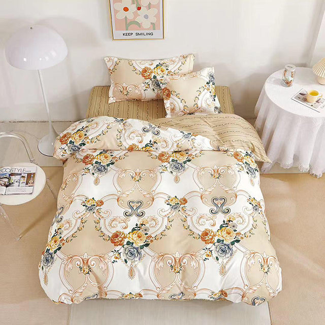 Единично спално бельо с ластик – бяло и бежово с кралски орнаменти и цветя