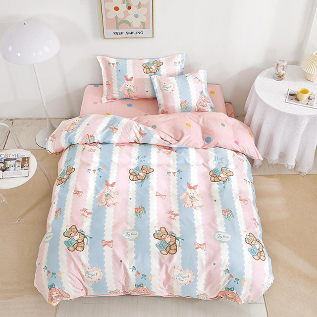 Единично спално бельо с ластик – розово, синьо и бяло със сладки животни