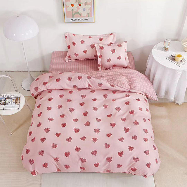 Единично спално бельо с ластик – розово със сърца
