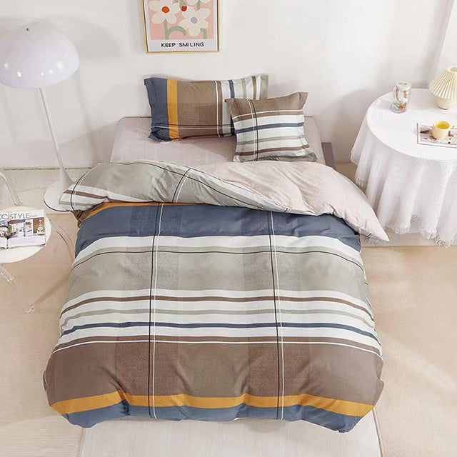 Единично спално бельо с ластик – сиво, синьо и кафяво на райета