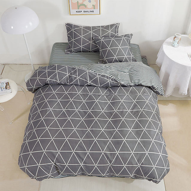 Единично спално бельо с ластик от 100% памук – тъмносиво с триъгълници