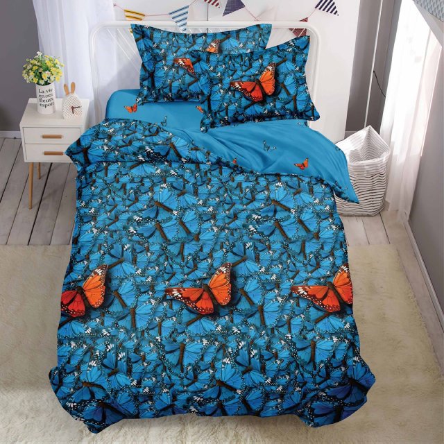 Единично спално бельо с ластик - синьо с пеперуди