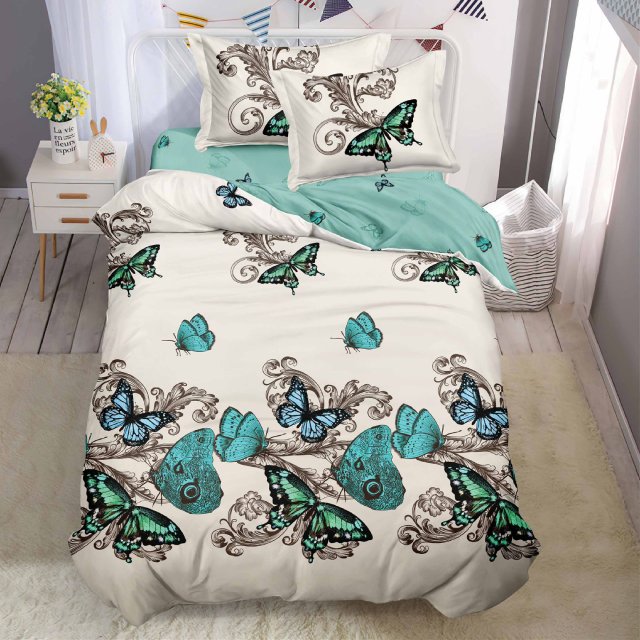 Единично спално бельо с ластик - светлосиво и тюркоазено с пеперуди