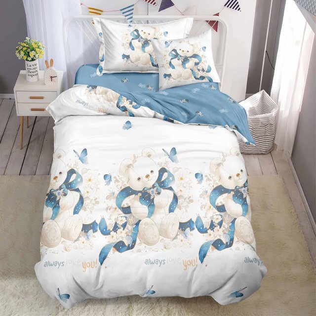 Единично спално бельо с ластик - бяло и синьо с мечета и пеперуди