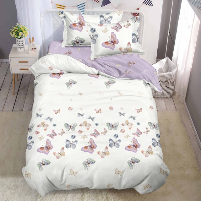 Единично спално бельо с ластик - бяло с пеперуди