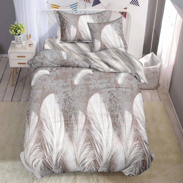 Единично спално бельо с ластик - сиво с пера