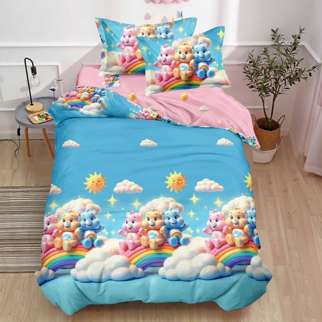 Единично спално бельо с ластик - синьо и розово с мечета и дъги