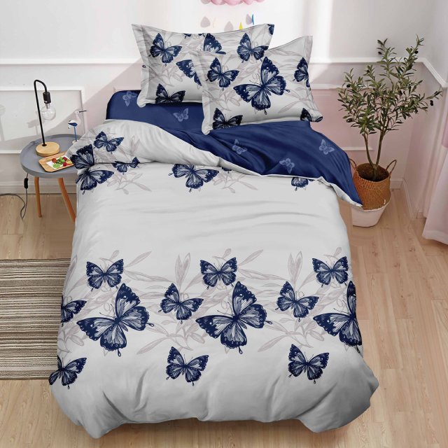 Единично спално бельо с ластик - бяло и тъмносиньо с пеперуди