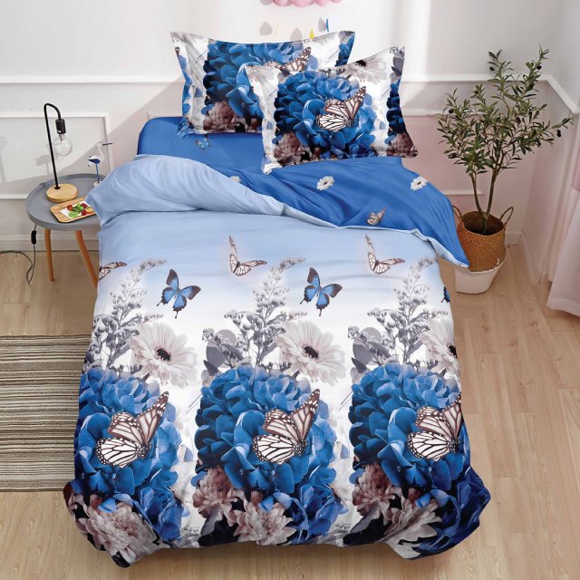 Единично спално бельо с ластик - бяло и синьо с пеперуди