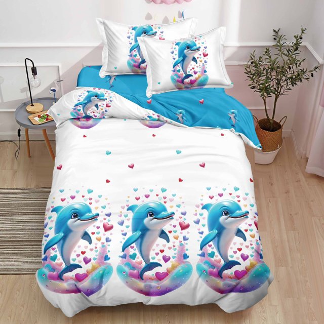 Единично спално бельо с ластик - делфини с шарени листа