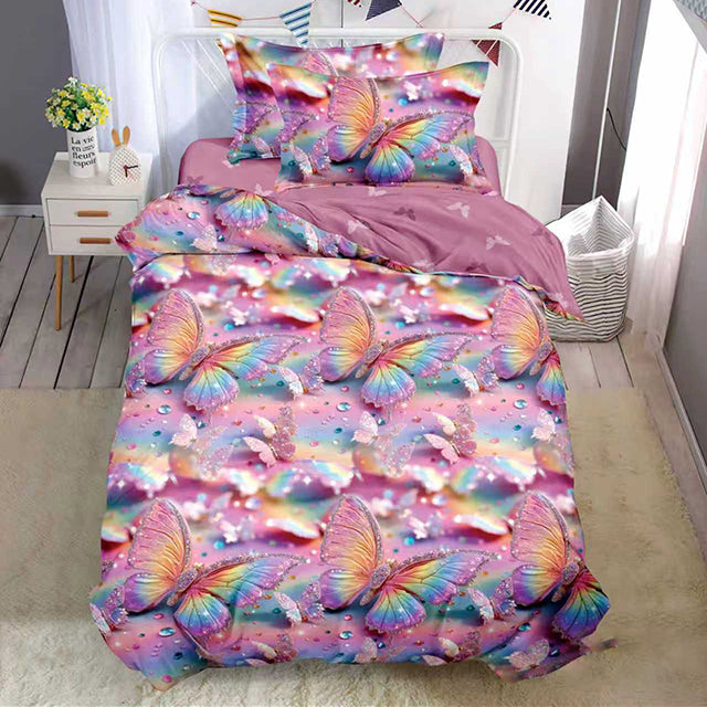 Единично спално бельо с ластик - лилаво с пеперуди