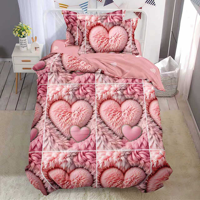 Единично спално бельо с ластик - розово със сърчица