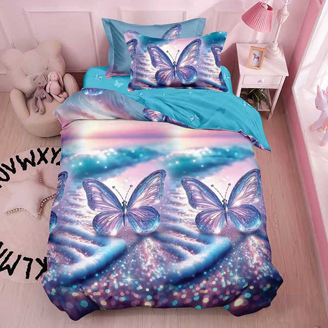 Единично спално бельо с ластик - лилаво и синьо с пеперуди - YT-163