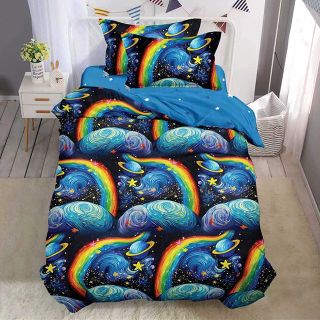 Единично спално бельо с ластик - синьо с планети и дъги
