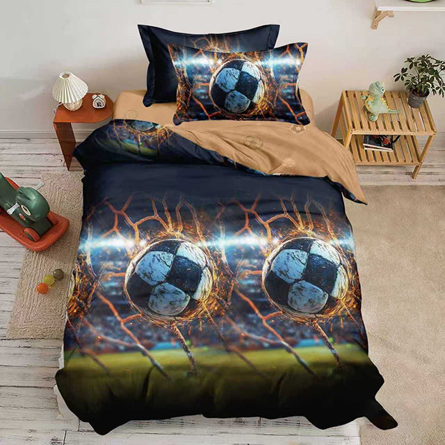 Единично спално бельо с ластик - черно и кафяво с футболен мотив