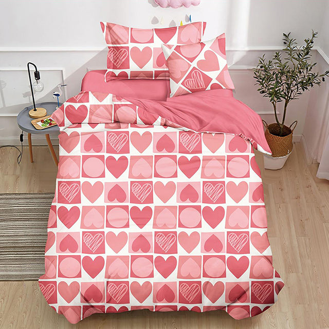 Единично спално бельо с ластик – розово със сърца