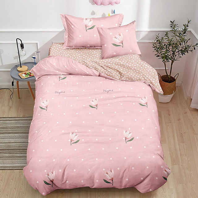 Единично спално бельо с ластик – розово с цветя