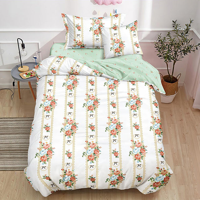 Единично спално бельо с ластик – екрю с букети от рози