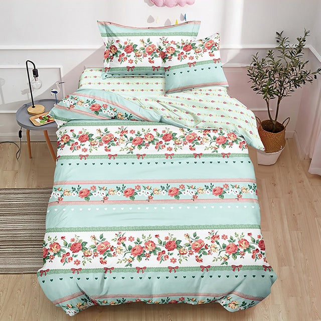 Единично спално бельо с ластик – светлосиньо с червени рози