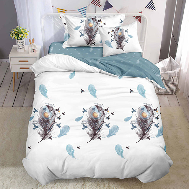 Единично спално бельо с ластик – бяло и синьо с пера