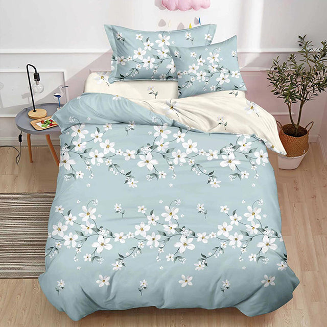 Единично спално бельо с ластик – светлосиньо с малки бели цветя – YT-44