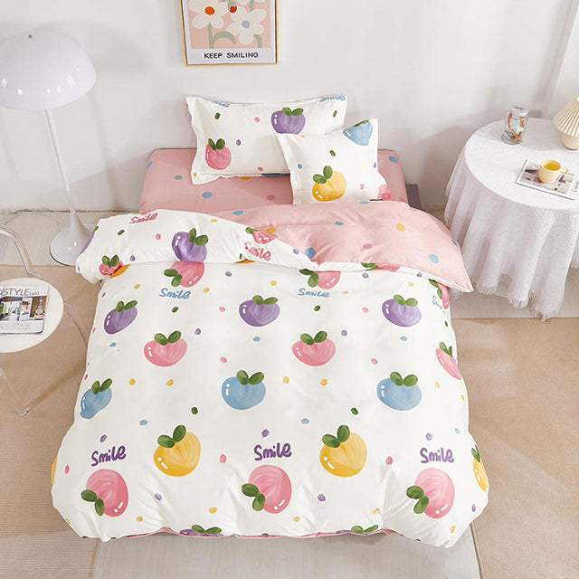 Единично спално бельо с ластик – бяло и розово с плодове