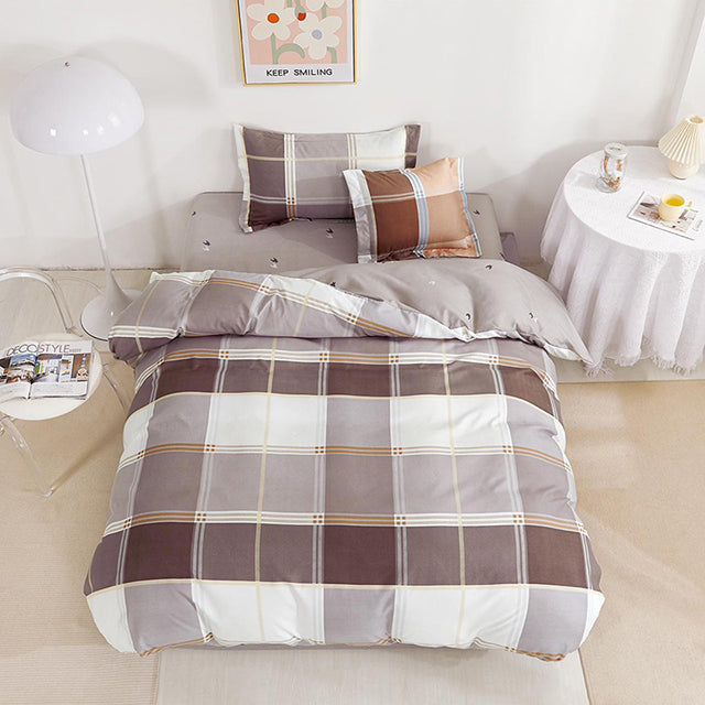 Единично спално бельо с ластик – бяло, сиво и кафяво с квадрати